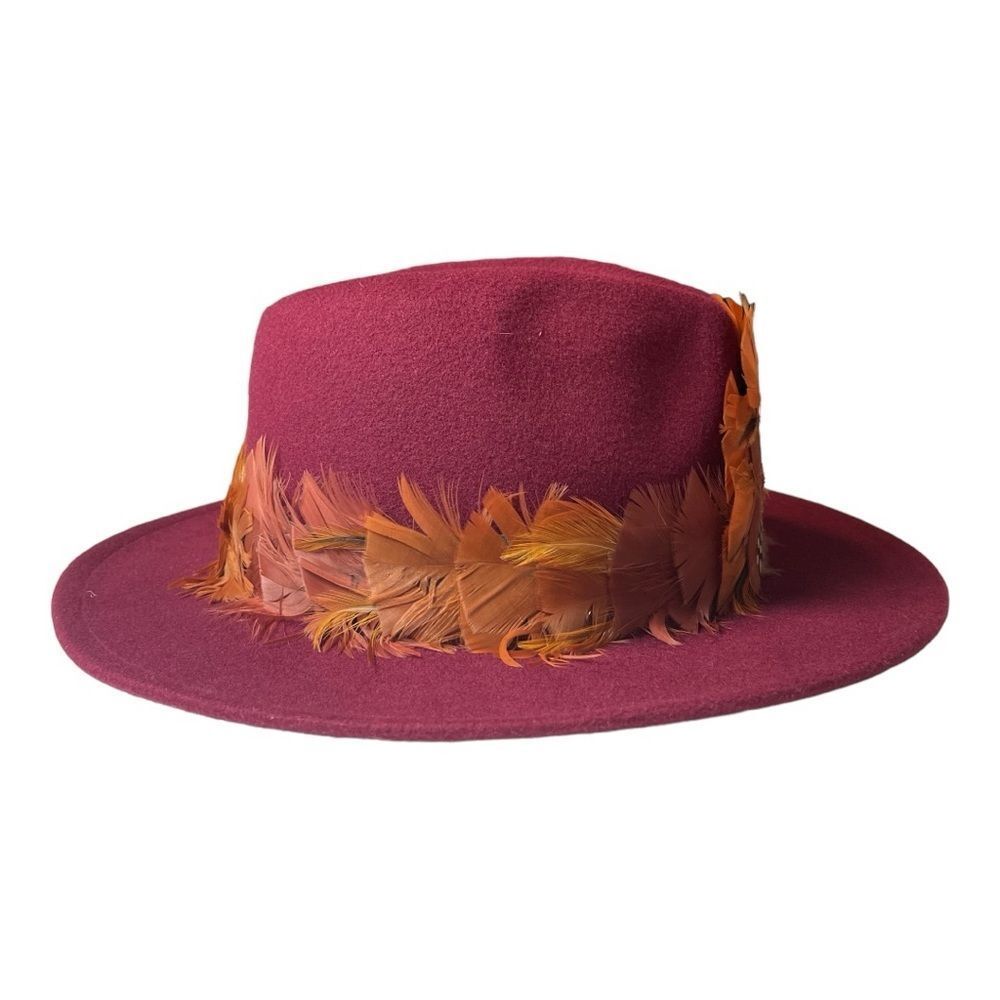 Beautiful Wine Color Felt Fedora with Elaborate Feather Hat Band - UNISEX - Picture 6 of 10